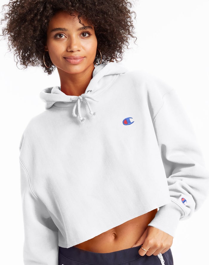 Champion Womens Hoodie NZ - Reverse Weave Cropped Cut-Off C Logo White ( 0829-SKCQH )